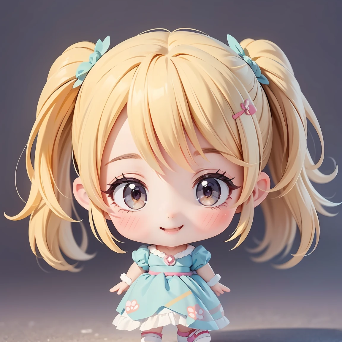  Super Chibi Character：1.8、wearing cute sandals、background：Simple all over、Blonde Hair、Cute 7 year old girl、Cinderella Dresses、Various expressions：1.8、Various poses with moving arms：1.8、Looking this way、Super Happy Smile：1.8