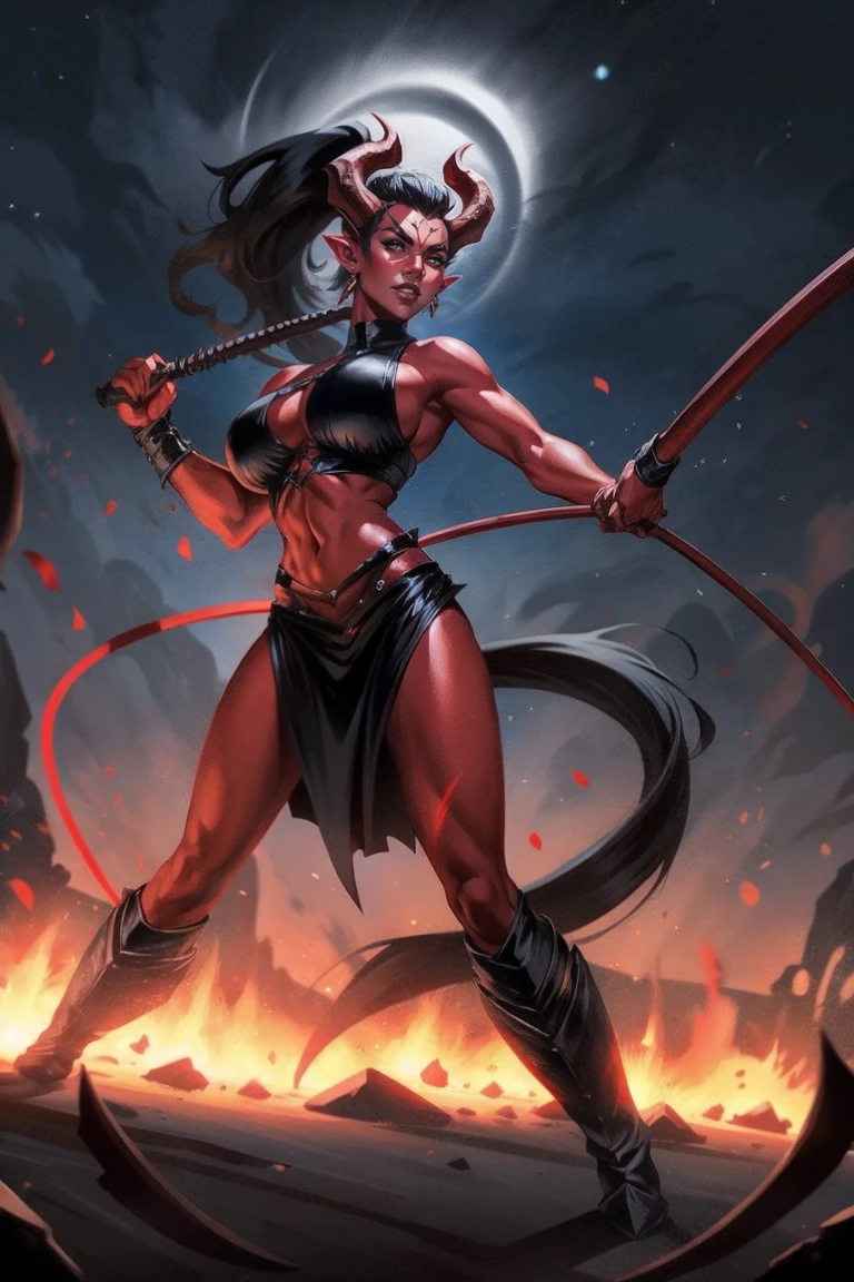 Red skin succubus tiefling, medium breasts, black horns, wings, huge tail, black leather, crop top, long flowing pelvic curtain, tall, toned, graceful, thin, long black ponytail. Action scene, whip. Dark scene, explosions, night sky.