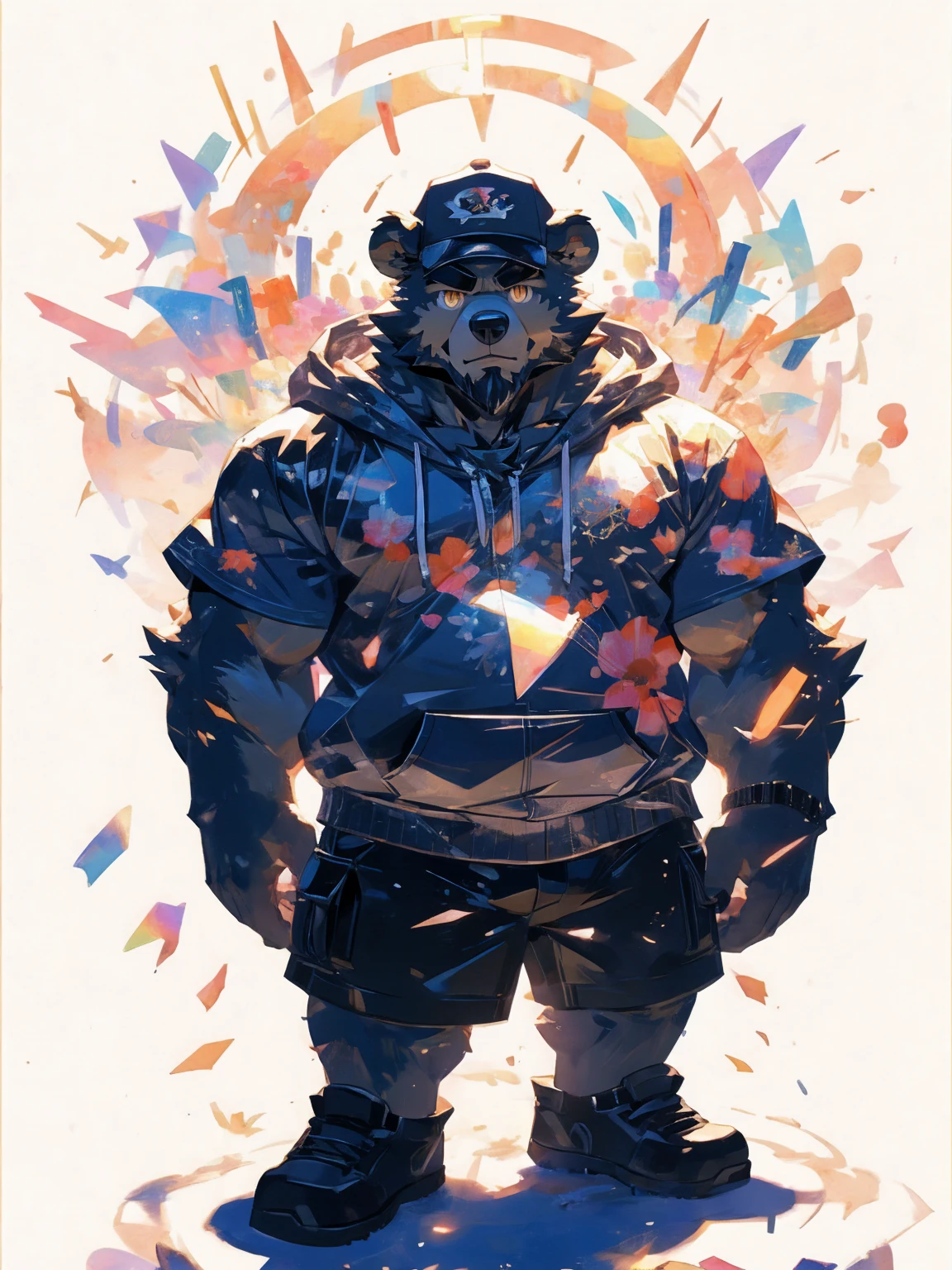 (masterpiece:1.2), best quality,pixiv,official art,perfect anatomy, (Ray tracing, light),solo, extreme detail, (1_male:1.3) , (muscle), (grey fur:1.4), (muscle bear), (beard:1.2), (gleaming golden eyes), bear tail, Thick black eyebrows, baseball cap, (open short hoodie), ( inside),cargo shorts, black short boots, (pure white background: 1.3), portrait, colorful bandage, border line