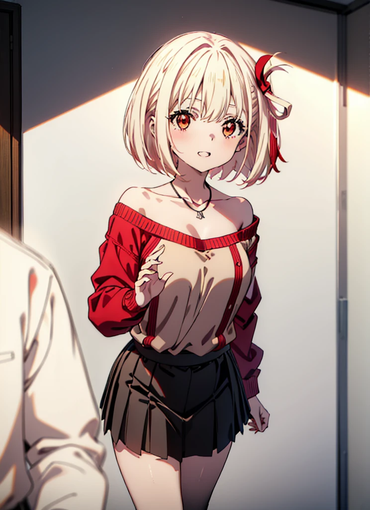 Chisato Nishikigi, short hair, bangs, Blonde, (Red eyes:1.5), hair ribbon, One side up, Bobcut,happy smile, smile, Open your mouth,Heart-shaped necklace,Bare neck,Bare shoulders,bare clavicle,Red one-shoulder sweater,mini skirt,Black pantyhose,short boots,Walking,whole bodyがイラストに入るように,
break indoors,School,canteen,
break looking at viewer, whole body,
break (masterpiece:1.2), Highest quality, High resolution, unity 8k wallpaper, (figure:0.8), (Beautiful attention to detail:1.6), Highly detailed face, Perfect lighting, Highly detailed CG, (Perfect hands, Perfect Anatomy),