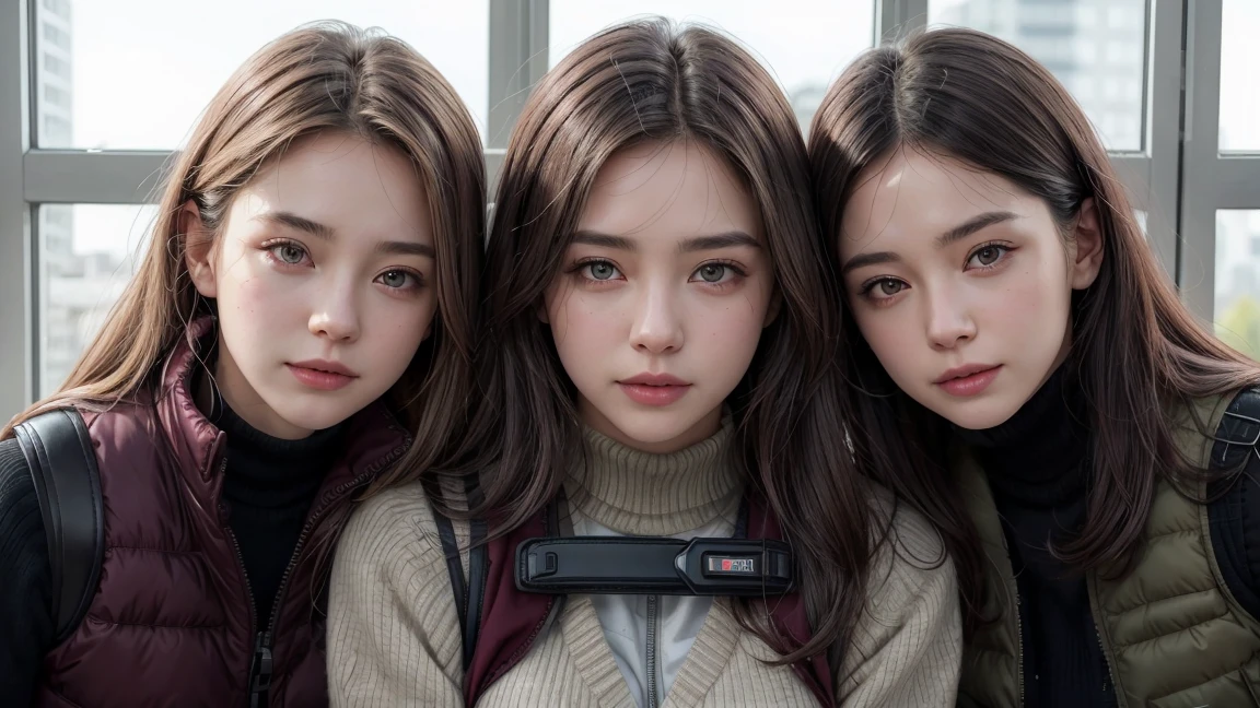 3 women, ((best quality)), realistic, ภาพrealistic, realistic, high resolution, เด็ก3 womenกำลังเล็งgunไรเฟิลจู่โจม, beautiful, Young face, 20 years old, white skin, Pale skin, big breasts, big breast, Fighting posture, looking at camera, (detailed face), gray hair , sexy body, (Wear a cardigan and maroon skirt., tactical vest, Military Harness, black gloves, High-tech headset), The color of the fabric is based on red-brown.), revealing thighs, gun, Fingers blocked, meadow