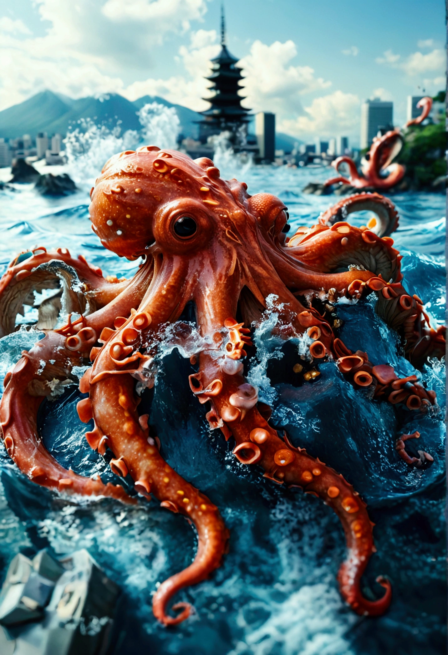 Detailed hyper-realistic photography style geographic data Kraken,Japan cities,building,Kraken appears in the sky,Highest quality,Highest quality