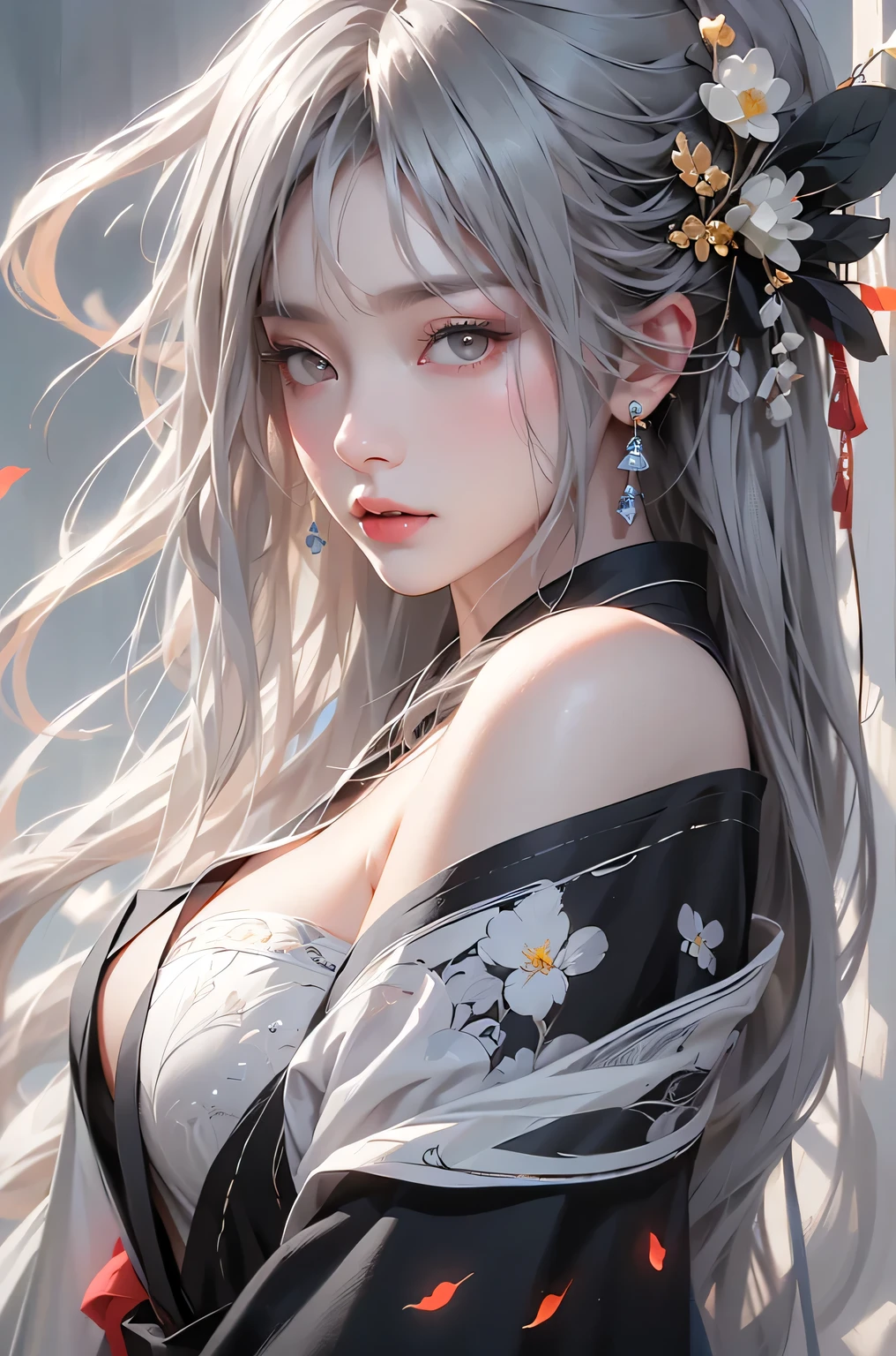 super high quality, masterpiece, Perfect illustration, Very detailed (Exquisite light and shadow, Very dramatic photo,Backlight) , ((Gray Hair:1.5))1 Girl,(( alone:1.6)), (Wearing Han clothes, Black and white Hanfu,Monotony,Long sleeve) Flower Field, Flowers, (White smoke:1.3) (Realistic:1.4), Zen Intertwining, Tangled, Official Art, unity 8k wallpaper, Very detailed, Beautiful and beautiful, masterpiece, Highest quality, (Dynamic Angle: 1.4), Glowing Skin, (Floating colorful flashes: 1) The most beautiful chaotic shapes, elegant, Brutalist Design, Bright colors, Romantic Depth of Field Exotic_dance, half_naked、(Separate sleeves:1.4, Expose your shoulders、Ample breasts、Beautiful cleavage)(side view)
