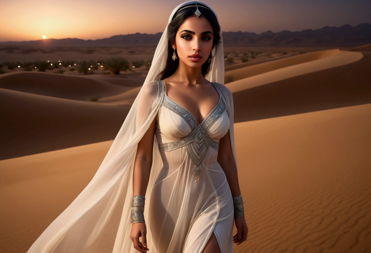 a beautiful young arabian woman, 25 years old, walking through the desert at night, wearing many fine layers of airy sheer fabric, dressed as an arabian princess, flanked by bodyguards, detailed face, beautiful eyes, detailed lips, long eyelashes, elegant pose, intricate fabric textures, moonlit desert landscape, glowing warm lighting, cinematic composition, ultra-detailed, 8k, photorealistic, masterpiece
