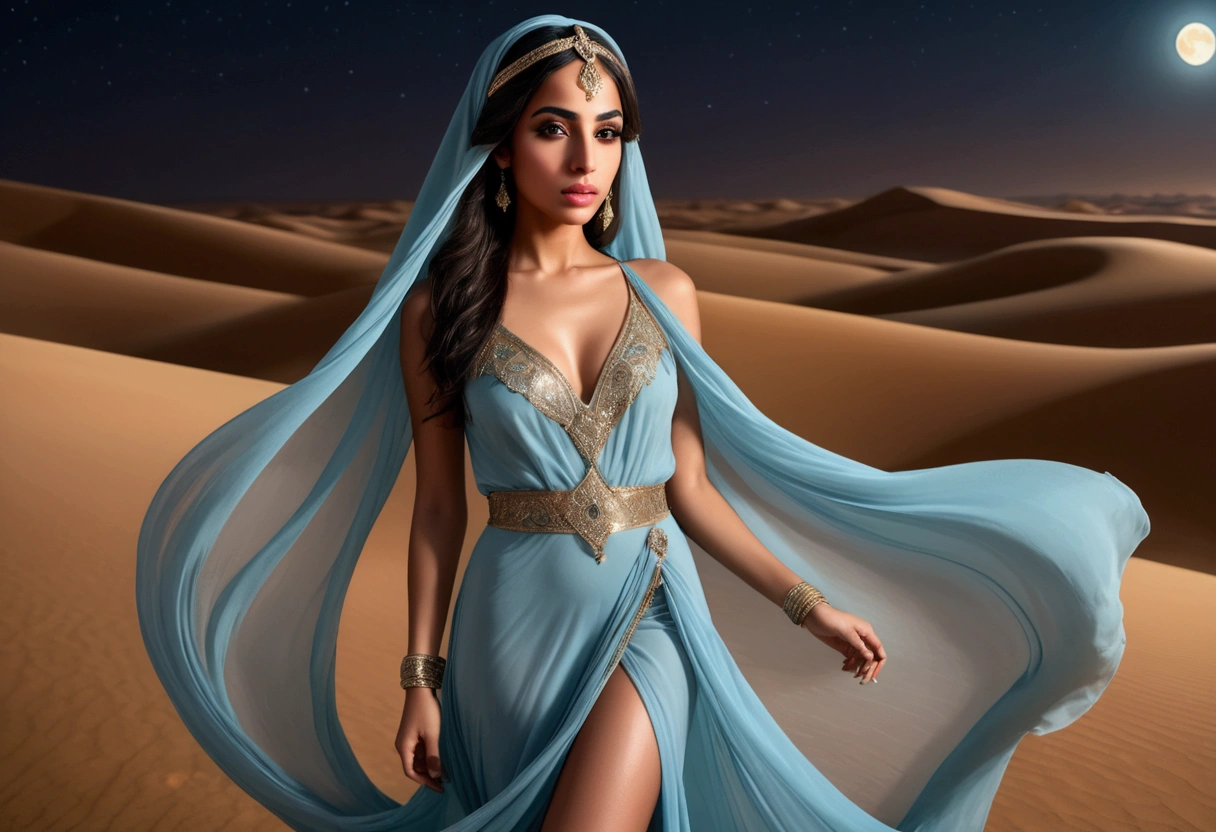 a beautiful young arabian woman, 25 years old, walking through the desert at night, wearing many fine layers of airy sheer fabric, dressed as an arabian princess, flanked by bodyguards, detailed face, beautiful eyes, detailed lips, long eyelashes, elegant pose, intricate fabric textures, moonlit desert landscape, glowing warm lighting, cinematic composition, ultra-detailed, 8k, photorealistic, masterpiece