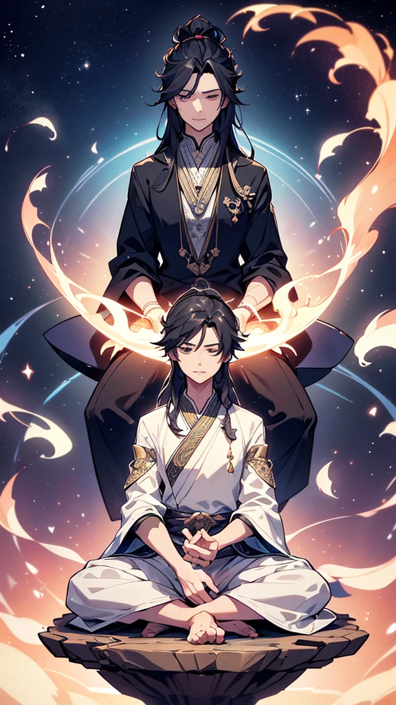 "A young male cultivator with an ethereal presence is floating in the vastness of space. He is seated in a lotus position, with his legs crossed and his hands resting gently on his knees, forming a meditation gesture. His eyes are closed, exuding a serene and focused expression. He is wearing traditional flowing robes, adorned with intricate patterns and celestial symbols, which move gracefully as if influenced by an invisible breeze. His long, dark hair is tied in an elegant topknot, with a few strands gently floating around his face. The backdrop is a magnificent view of the cosmos, with stars, galaxies, and nebulae illuminating the scene with their otherworldly glow. The overall atmosphere is one of tranquility and mysticism, capturing the essence of his spiritual journey and connection to the universe. The wallpaper has a 9:16 aspect ratio, perfect for modern screens."