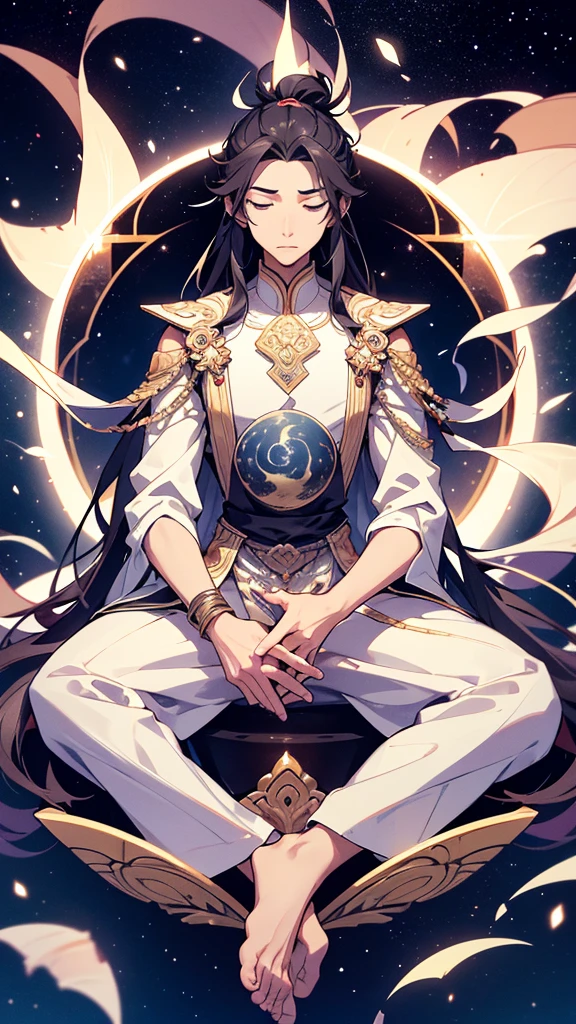 

"A young male cultivator with an ethereal presence is floating in the vastness of space. He is seated in a lotus position, with his legs crossed and his hands resting gently on his knees, forming a meditation gesture. His eyes are closed, exuding a serene and focused expression. He is wearing traditional flowing robes, adorned with intricate patterns and celestial symbols, which move gracefully as if influenced by an invisible breeze. His long, dark hair is tied in an elegant topknot, with a few strands gently floating around his face. The backdrop is a magnificent view of the cosmos, with stars, galaxies, and nebulae illuminating the scene with their otherworldly glow. The overall atmosphere is one of tranquility and mysticism, capturing the essence of his spiritual journey and connection to the universe. The wallpaper has a 9:16 aspect ratio, perfect for modern screens."