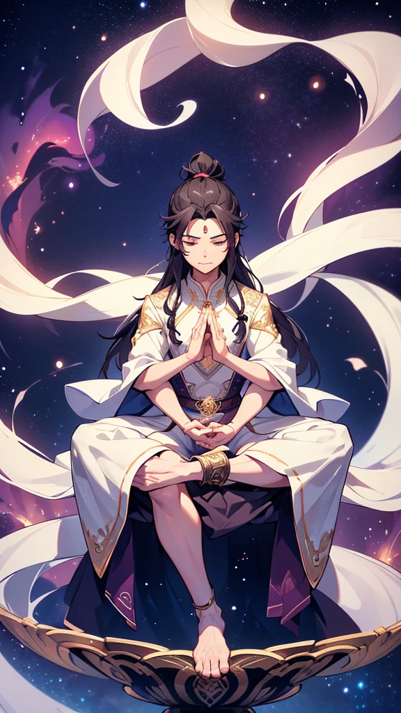 

"A young male cultivator with an ethereal presence is floating in the vastness of space. He is seated in a lotus position, with his legs crossed and his hands resting gently on his knees, forming a meditation gesture. His eyes are closed, exuding a serene and focused expression. He is wearing traditional flowing robes, adorned with intricate patterns and celestial symbols, which move gracefully as if influenced by an invisible breeze. His long, dark hair is tied in an elegant topknot, with a few strands gently floating around his face. The backdrop is a magnificent view of the cosmos, with stars, galaxies, and nebulae illuminating the scene with their otherworldly glow. The overall atmosphere is one of tranquility and mysticism, capturing the essence of his spiritual journey and connection to the universe. The wallpaper has a 9:16 aspect ratio, perfect for modern screens."