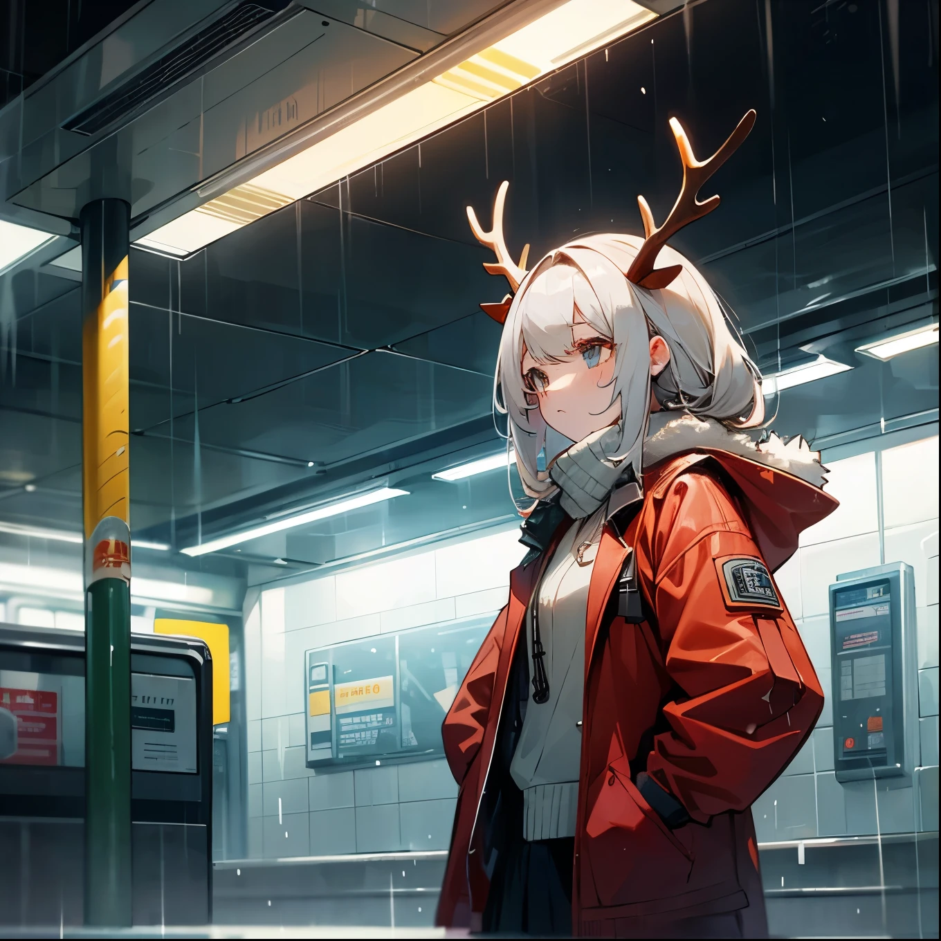 A girl,There are antlers,Wearing a jacket,At the subway station,rain,