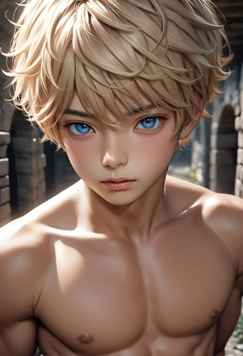 high quality, detailed, photo Realistic, (22 years old tanned japanese idol boy), (detailed blue eyes), (blond short hair),(tanned shiny skin:1.3), black tiny thong, bulge,(detailed nipples), yard, dungeon, (best quality,4k,8k,highres,masterpiece:1.2), (face close up:0.8),(realistic,photorealistic,photo-realistic:1.37), front shot,