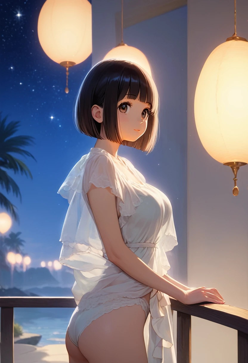 score_9,score_8_up,score_7_up,masterpiece,best quality, source anime, realistic, super detailed, extreme detailed, rating_safe,
1girl, Leaning out from the balcony, from side,
BREAK girl, 22yo, short hair, bob cut, (blunt bangs), black hair, (tareme, detailed cute brown eyes), curled eyelashes, (large breasts:0.9),
shiny hair, beautiful detailed eyes, beautiful face,
slender, small ass, slim legs,
simple one-piece, (see through:1.2), no sleeves,
summer, night, night sky full of stars,