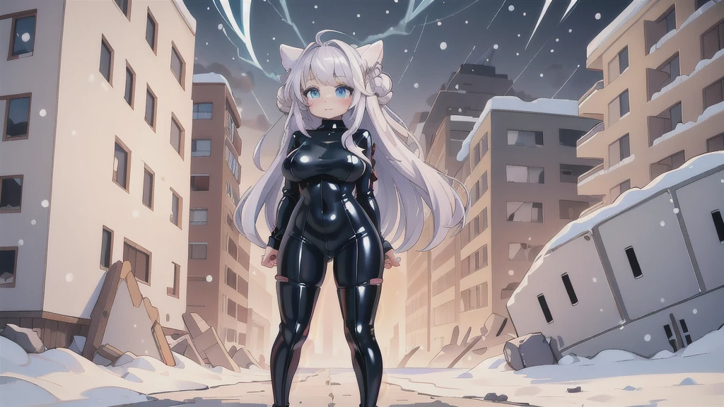 masterpiece, best quality, extremely detailed, 1girl, mature female, solo, battle bunny riven, (huge breasts), (((white hair, long hair, bun, blue eyes, slit pupils, rabbit ears))), red lips, (((black latex bodysuit, long sleeves, turtleneck, covered collarbone))), ((light smile), closed mouth), ((arms behind head, destroyed buildings, winter, snowing, storm clouds))