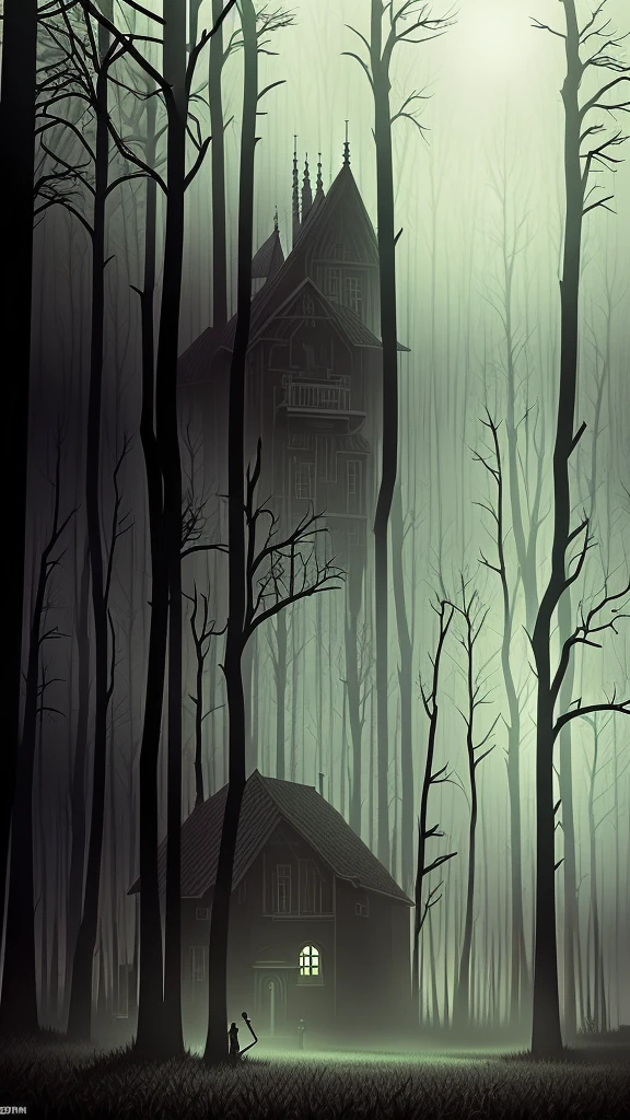 a dark mansion in a pine forest, moonlit night, tall dark silhouette of a figure, eerie atmosphere, moody lighting, detailed architectural elements, gloomy mood, dramatic shadows, photorealistic, cinematic, muted color palette, gothic, horror, mystery, monster, the old house