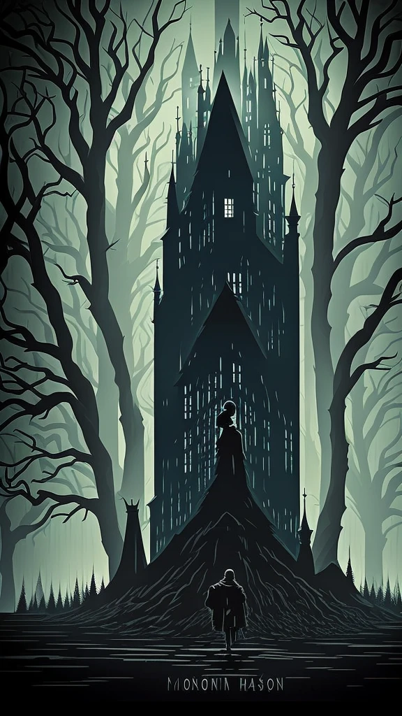 a dark mansion in a pine forest, moonlit night, tall dark silhouette of a figure, eerie atmosphere, moody lighting, detailed architectural elements, gloomy mood, dramatic shadows, photorealistic, cinematic, muted color palette, gothic, horror, mystery, monster, the old house