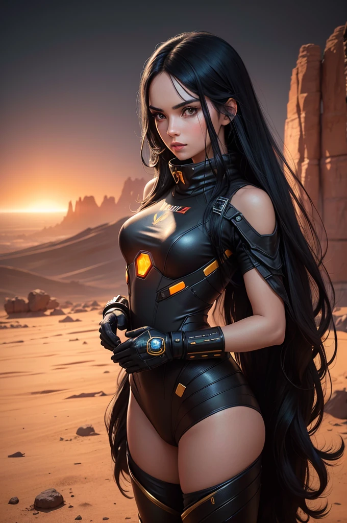 Create an image of a beautiful girl with long black hair. She is wearing a futuristic black warrior jumpsuit with some gold details.. The girl is standing on the surface of Mars, characterized by its red, rocky terrain and dramatic Martian sky. Behind her, there is a futuristic fighter plane with the word "COD" clearly written on it like your name. The scene should convey a sense of futuristic adventure and science fiction elements.