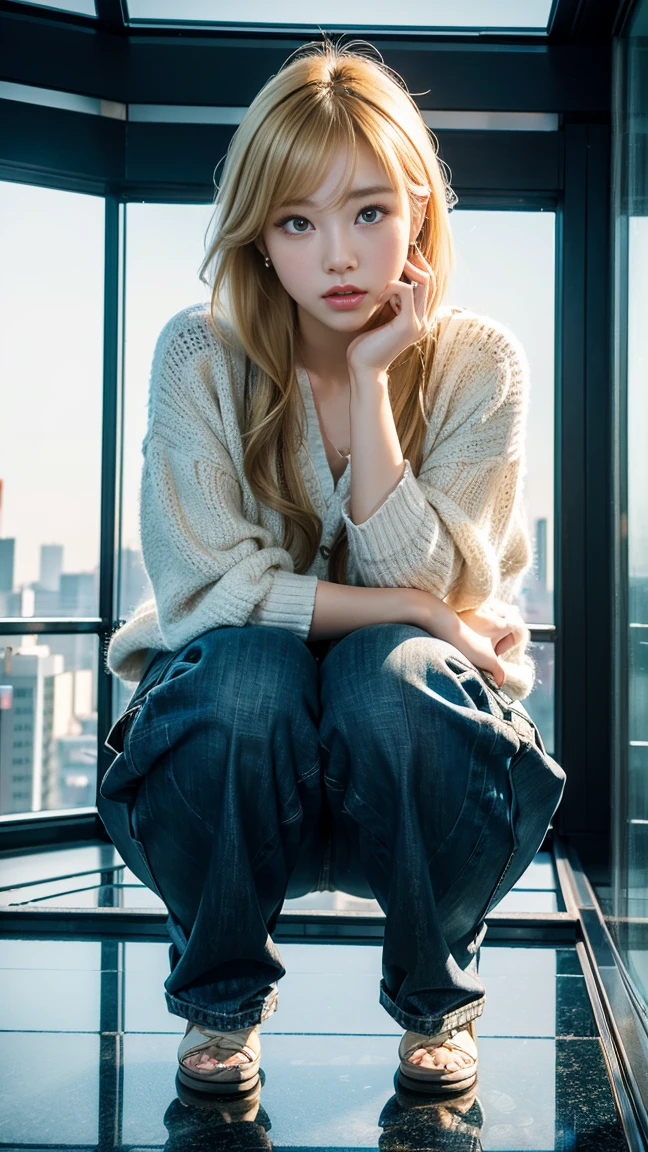 (Inside the Tokyo Skytree observation deck)、((Glass floor))、Magic Mix Real、(RAW Photos:1.2)、(Realistic:1.4)、beautifulディテールの美しさ Delicate expression、blonde、((I can see your pants))(Squat bench) eyelash beautiful, Subtle details、Large file size、Very detailed、High resolution、Transcendental beauty Highest quality、masterpiece、、(Japanese women'Fashion))、Very detailed 표현 growing up、In detail、Very detailed 얼굴 시네마틱 조명、22-year-old girl、positive、((Dynamic pose)))、(Sit with your knees bent.))、(Short sleeve sweatshirt、Denim skirt、running shoes)、Sexy upward glance、(Crying in panties for the camera))、