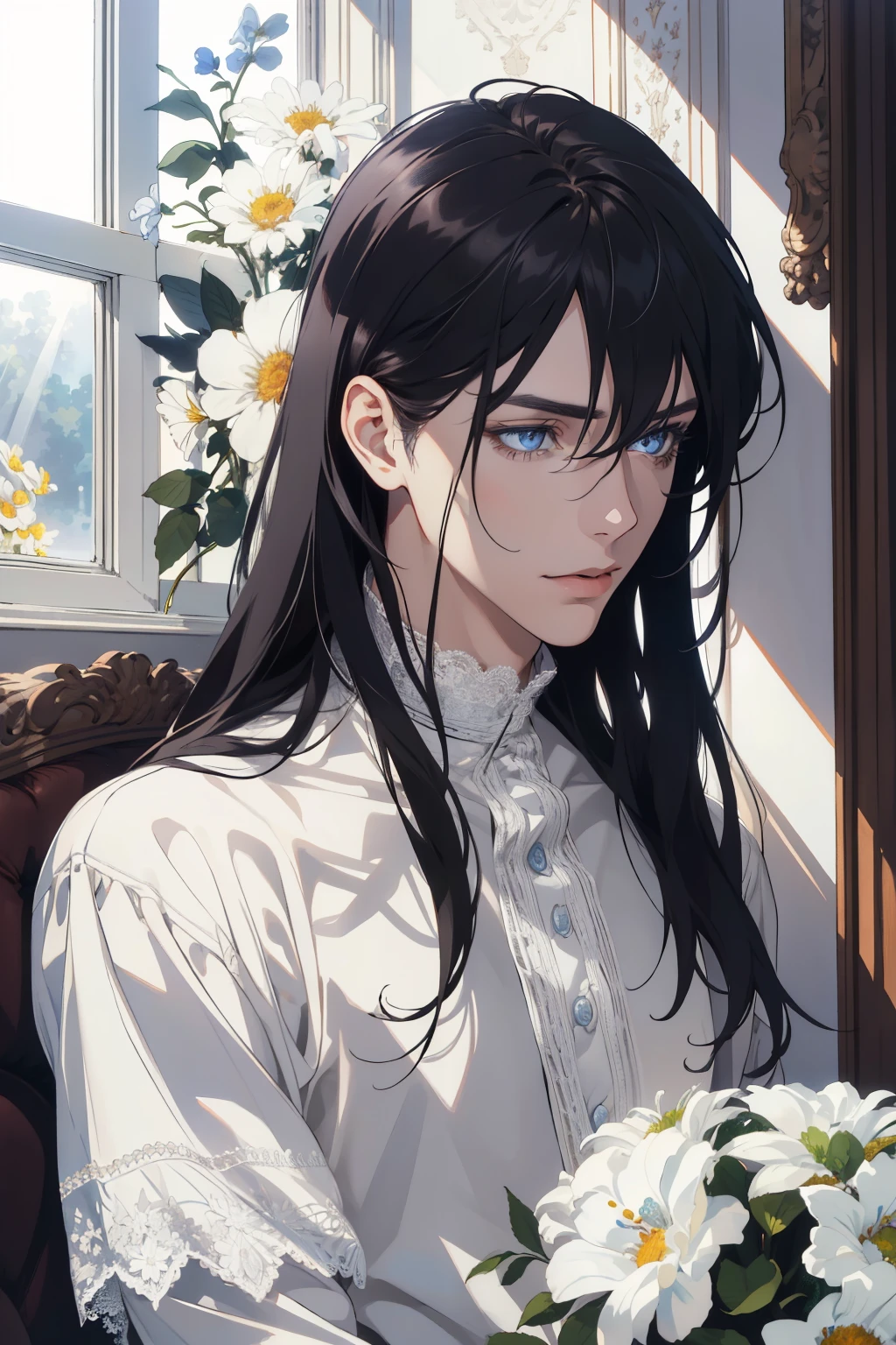 1 man, Realistic, master-piece, bestquality, Beautiful, detailed eyes and detailed faces.,natural light, European retro, White shirt, lace, Long dark blsck hair, blue grey eyes, attractive, depressed, Decorative flowers, sunbeam, 31 years.