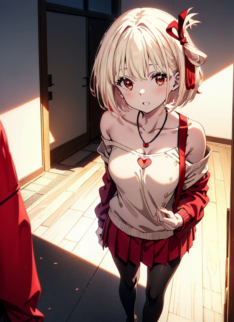 Chisato Nishikigi, short hair, bangs, Blonde, (Red eyes:1.5), hair ribbon, One side up, Bobcut,happy smile, smile, Open your mouth,Heart-shaped necklace,Bare neck,Bare shoulders,bare clavicle,Red one-shoulder sweater,mini skirt,Black pantyhose,short boots,Walking,whole bodyがイラストに入るように,
break indoors,School,canteen,
break looking at viewer, whole body,
break (masterpiece:1.2), Highest quality, High resolution, unity 8k wallpaper, (figure:0.8), (Beautiful attention to detail:1.6), Highly detailed face, Perfect lighting, Highly detailed CG, (Perfect hands, Perfect Anatomy),