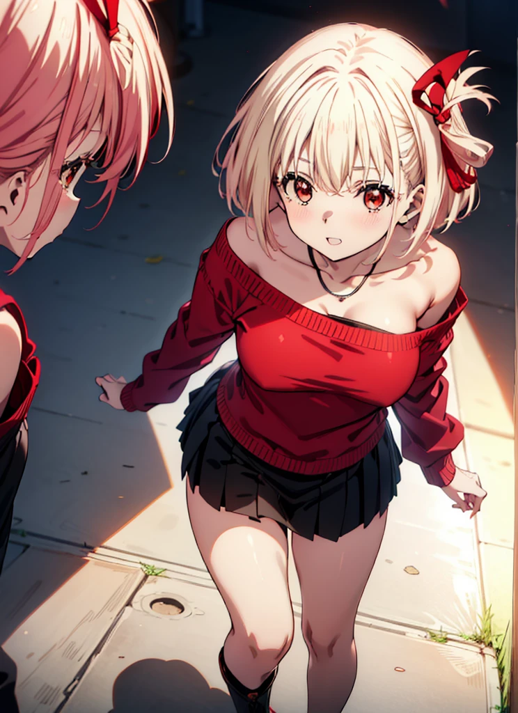 Chisato Nishikigi, short hair, bangs, Blonde, (Red eyes:1.5), hair ribbon, One side up, Bobcut,happy smile, smile, Open your mouth,Heart-shaped necklace,Bare neck,Bare shoulders,bare clavicle,Red one-shoulder sweater,mini skirt,Black pantyhose,short boots,Walking,whole bodyがイラストに入るように,
break indoors,School,canteen,
break looking at viewer, whole body,
break (masterpiece:1.2), Highest quality, High resolution, unity 8k wallpaper, (figure:0.8), (Beautiful attention to detail:1.6), Highly detailed face, Perfect lighting, Highly detailed CG, (Perfect hands, Perfect Anatomy),