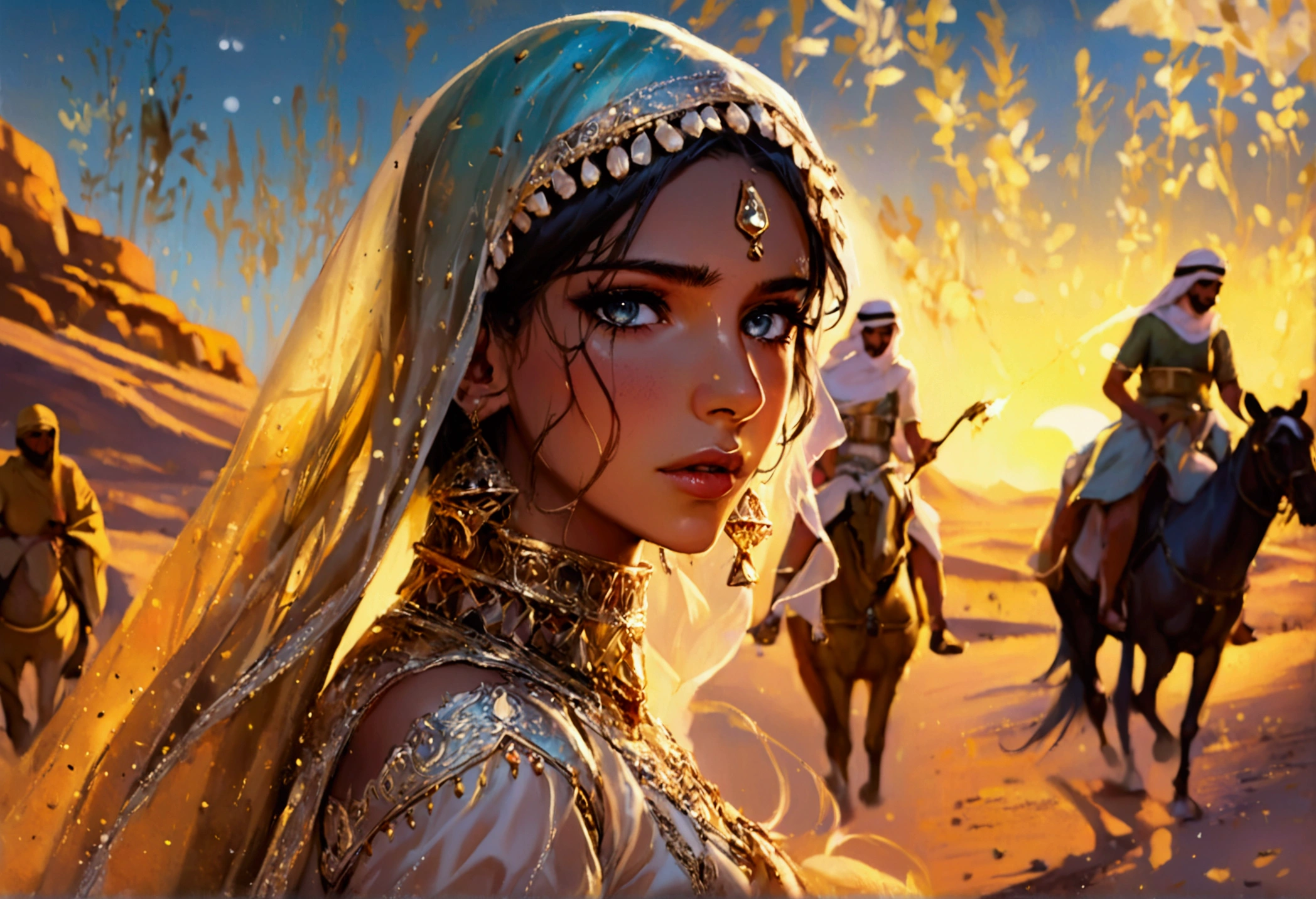a beautiful young arabian woman, 25 years old, walking through the desert at night, wearing many fine layers of airy sheer fabric, dressed as an arabian princess, flanked by bodyguards, detailed face, beautiful eyes, detailed lips, long eyelashes, elegant pose, intricate fabric textures, moonlit desert landscape, glowing warm lighting, cinematic composition, ultra-detailed, 8k, photorealistic, masterpiece