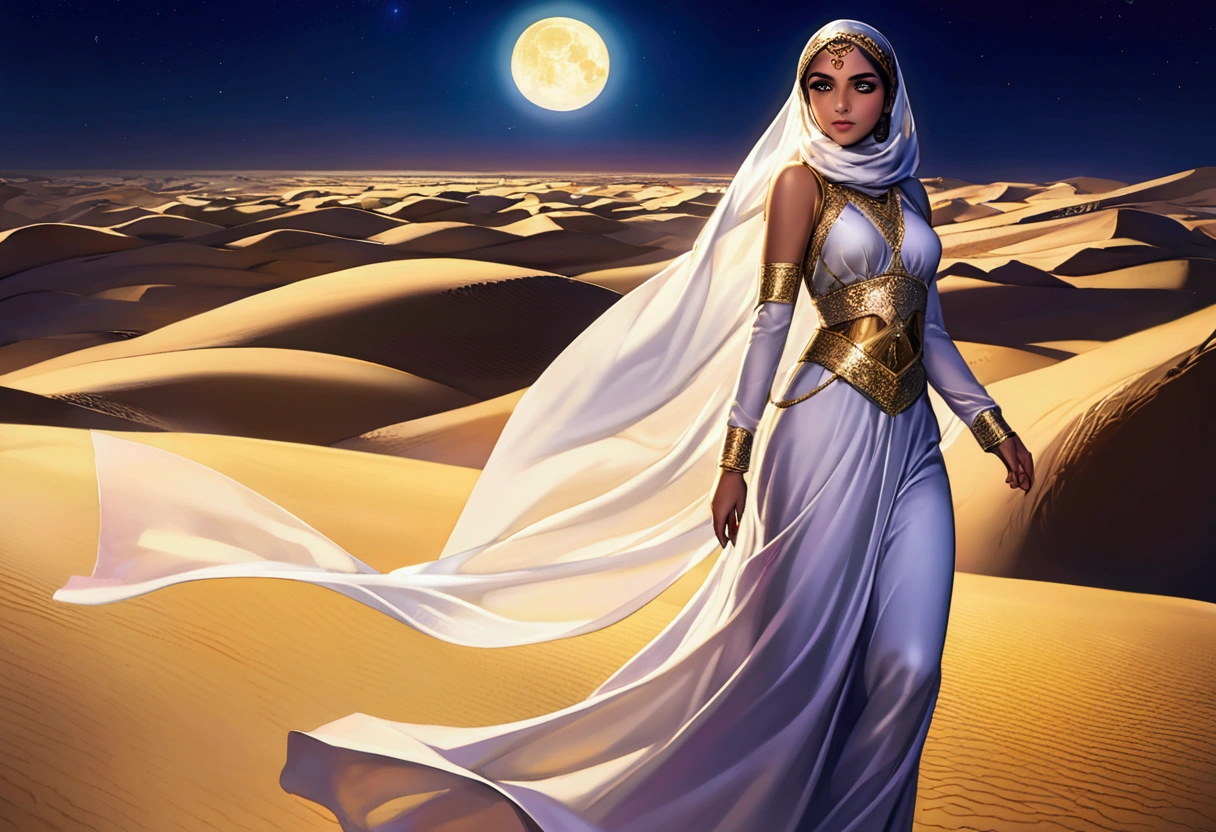 a beautiful young arabian woman, 25 years old, walking through the desert at night, wearing many fine layers of airy sheer fabric, dressed as an arabian princess, flanked by bodyguards, detailed face, beautiful eyes, detailed lips, long eyelashes, elegant pose, intricate fabric textures, moonlit desert landscape, glowing warm lighting, cinematic composition, ultra-detailed, 8k, photorealistic, masterpiece