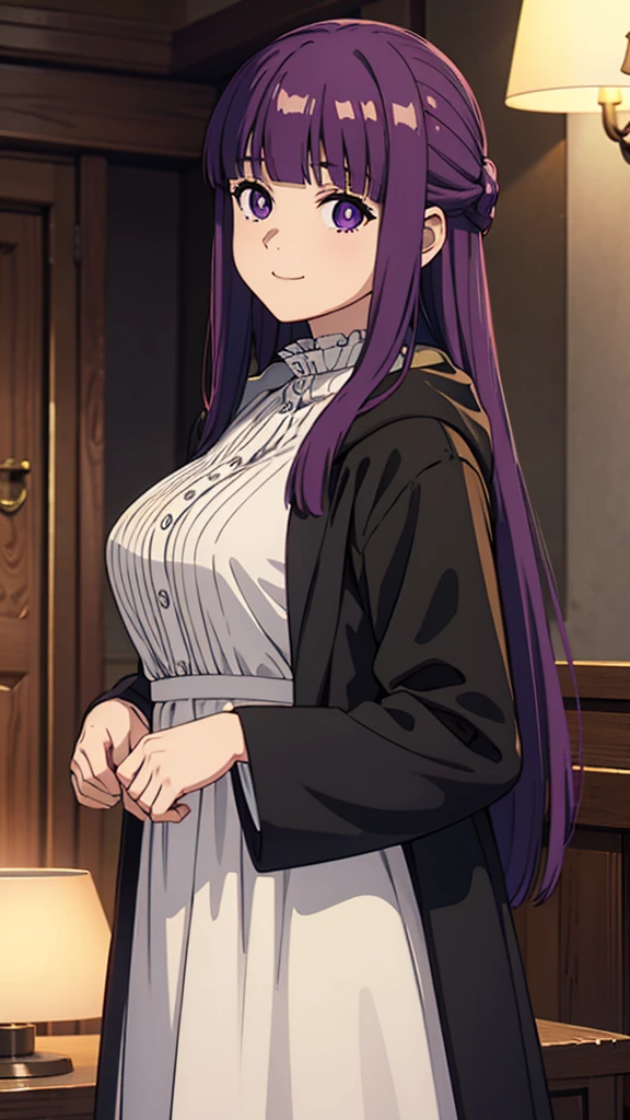 è²ä¼¦,1girl,solo,purple hair,long hair,purple eyes,blunt bangs,sidelocks,half updo,bright pupils, hair ornament,frilled collar,black robe,white dress,center frills,buttons,wide sleeves,long sleeves,curvy,cowboy shot,brown coat,from side,smile,, Exquisite visuals, high-definition,masterpiece,best quality,, 20yo,Young female,Beautiful Finger,Beautiful long legs,Beautiful body,Beautiful Nose,Beautiful character design, perfect eyes, perfect face,expressive eyes, looking at viewer, official art,extremely detailed CG unity 8k wallpaper, perfect lighting,Colorful, Bright_Front_face_Lighting,shiny skin, (masterpiece:1.0),(best_quality:1.0), ultra high res,4K,ultra-detailed, photography, 8K, HDR, highres, absurdres:1.2, Kodak portra 400, film grain, blurry background, bokeh:1.2, lens flare, (vibrant_color:1.2), (beautiful_face:1.5),(narrow_waist),