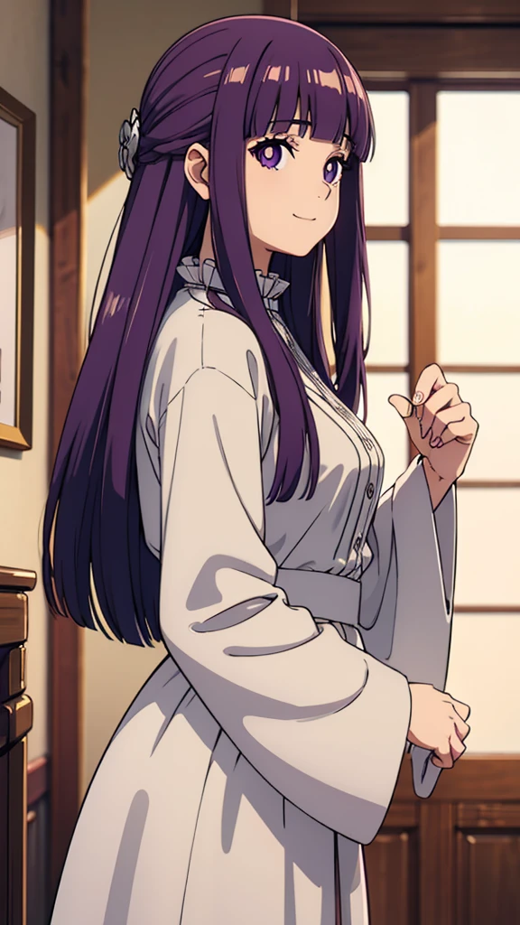 è²ä¼¦,1girl,solo,purple hair,long hair,purple eyes,blunt bangs,sidelocks,half updo,bright pupils, hair ornament,frilled collar,black robe,white dress,center frills,buttons,wide sleeves,long sleeves,curvy,cowboy shot,brown coat,from side,smile,, Exquisite visuals, high-definition,masterpiece,best quality,, 20yo,Young female,Beautiful Finger,Beautiful long legs,Beautiful body,Beautiful Nose,Beautiful character design, perfect eyes, perfect face,expressive eyes, looking at viewer, official art,extremely detailed CG unity 8k wallpaper, perfect lighting,Colorful, Bright_Front_face_Lighting,shiny skin, (masterpiece:1.0),(best_quality:1.0), ultra high res,4K,ultra-detailed, photography, 8K, HDR, highres, absurdres:1.2, Kodak portra 400, film grain, blurry background, bokeh:1.2, lens flare, (vibrant_color:1.2), (beautiful_face:1.5),(narrow_waist),