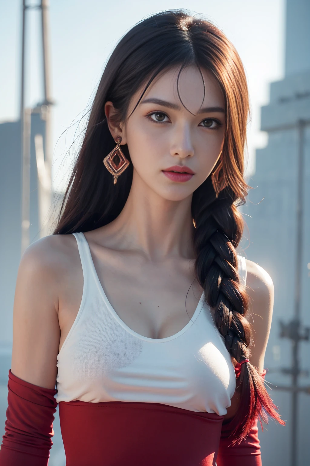 vibrant colors, female (Supermodel), masterpiece, sharp focus, best quality, depth of field, cinematic lighting, white hair, red eyes, braid, gel transparent bodysuit, sexy, long hair, red eyes, tattoo, earrings, jewelry, hair ornament, bangs, breasts, sleeveless, 