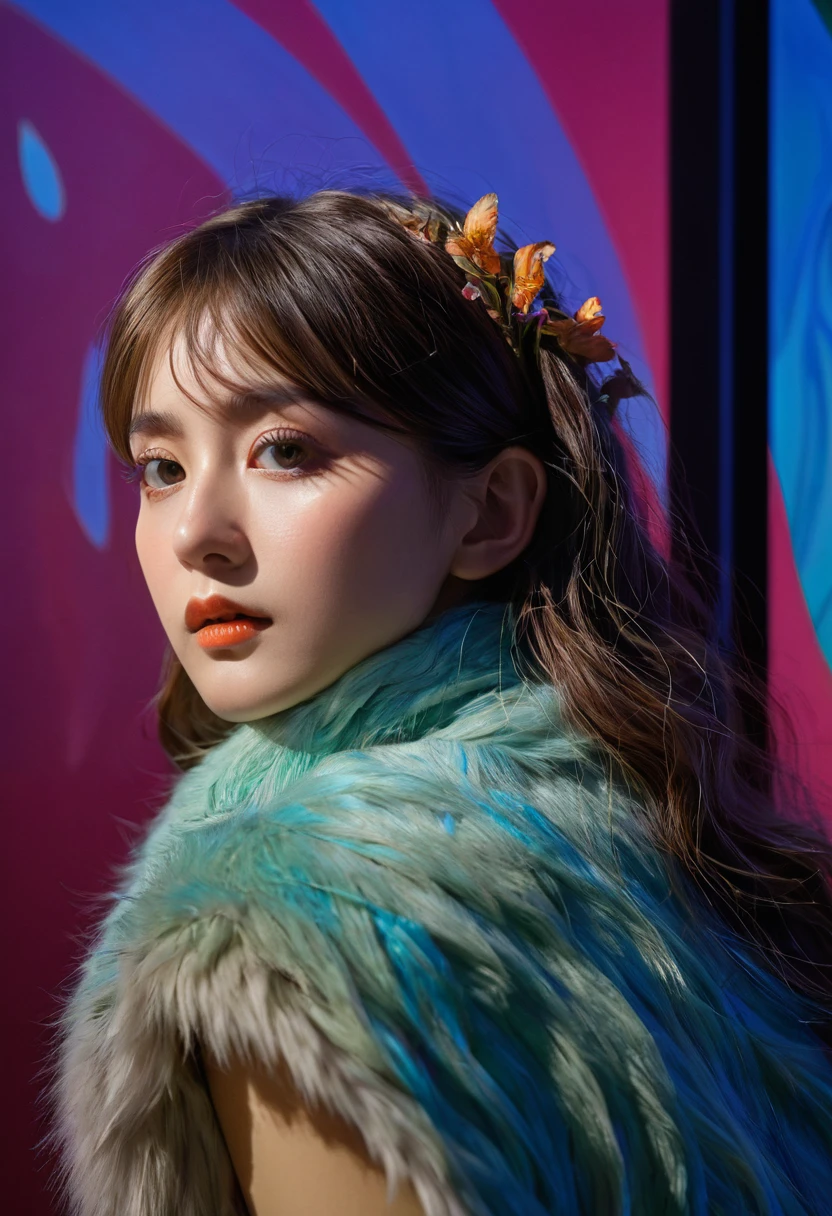 (Active attention, original photo), Portrait close-up, (in the darkness:1.1), Surrealist Female Portraits David Hockney and Alphonse Mucha, Fantasy Art, 1 girl, 身穿华丽Fur配上逼真照片, Dynamic Lighting, Art Station, poster, Volumetric Lighting, Very detailed face, 4K, Awards, shadow, Low profile, (Official clothing: 1.4, Gorgeous Fur, Complex clothing, Fur), Looking at the camera, Half-length photo, ((Realistic face))),
