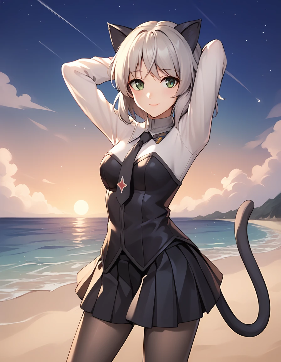 ctiansanya, uniform, necktie, strapless vest, long sleeves, black skirt, black pantyhose, cat ears, cat tail, high quality, night sky, beach, 1girl, solo, arms behind head, contrapposto, spread armpits, looking at viewer, best quality, closed mouth, smile, shy, (cowboy shot:1.5),