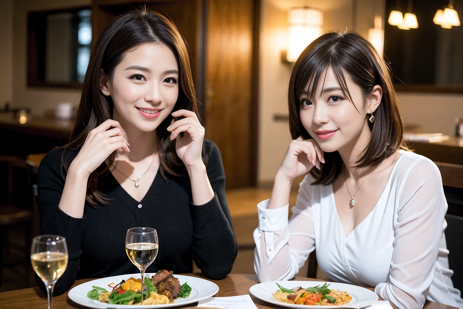 ((Highest quality、8K、masterpiece:1.3))、cute、slimカップル、modelカップル、actress男優、(Realistic, Intricate details:1.2), full-course dinner、Wine Party、Amazing view of the sunset sky and clouds、A bright smile、short hair,Bright Face、 (Age 37), Age 39,red wine 、Appetizers、Italian food、Wine bottle、Champagne、sparkling wine、Two beauties、Brown Hair、Shortcuts、Long sleeve shirt、dress、Beautiful woman 1, (slimな顔), (The body is slim), (Brown Hair), (Shortcuts), cheeks turn a little red,Attractive beauty、restaurant, In a prominent place (From the waist up) Nova Frog Style, actress, model, Upper Body, White wine, slim, wine glass, 中央に置かれたwine glass, smile, (smile: 1.15), Beautiful fine grain, Depth f/2,saturation, High Contrast, Strong light and shadow,Moist Body:1.5、3D texture、Delicate eyes、Brown Hair、The hair is very shiny、