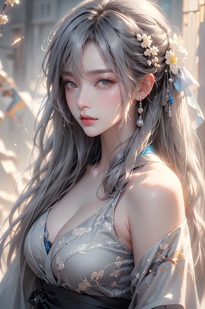 super high quality, masterpiece, Perfect illustration, Very detailed (Exquisite light and shadow, Very dramatic photo,Backlight) , ((Gray Hair:1.5))1 Girl,(( alone:1.6)), (Wearing Han clothes, Black and white Hanfu,Monotony,Long sleeve) Flower Field, Flowers, (White smoke:1.3) (Realistic:1.4), Zen Intertwining, Tangled, Official Art, unity 8k wallpaper, Very detailed, Beautiful and beautiful, masterpiece, Highest quality, (Dynamic Angle: 1.4), Glowing Skin, (Floating colorful flashes: 1) The most beautiful chaotic shapes, elegant, Brutalist Design, Bright colors, Romantic Depth of Field Exotic_dance, half_naked、（Separate sleeves:1.4, Expose your shoulders、Ample breasts、Beautiful cleavage）（side view）
