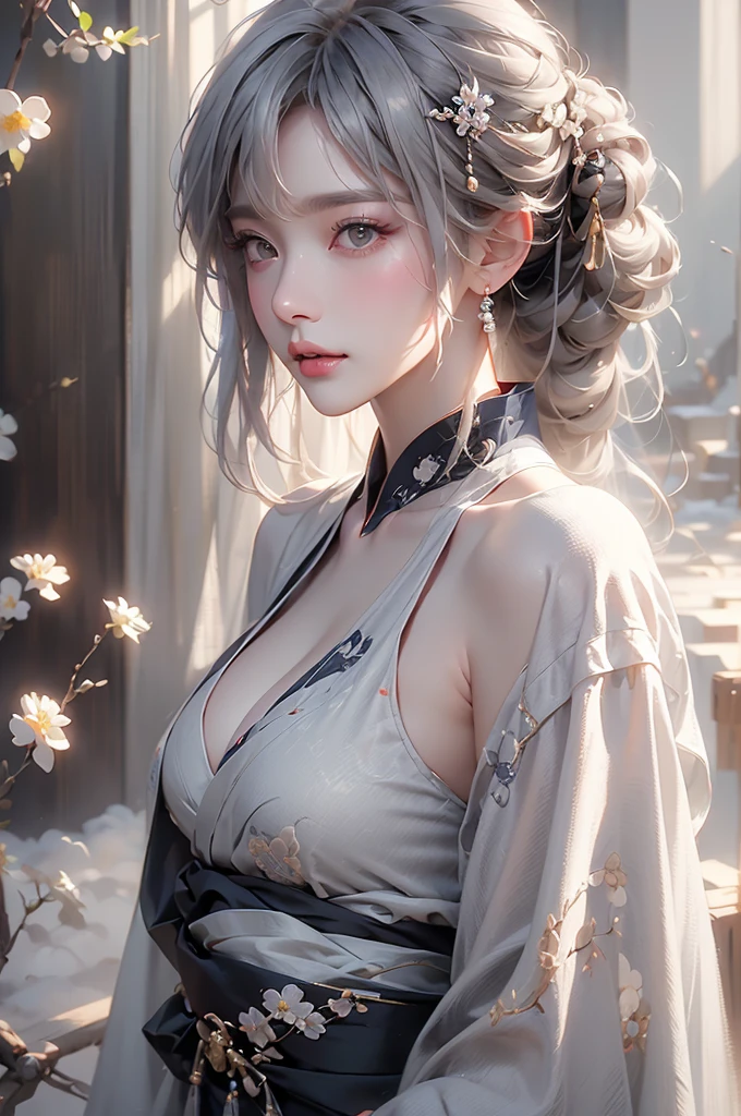 super high quality, masterpiece, Perfect illustration, Very detailed (Exquisite light and shadow, Very dramatic photo,Backlight) , ((Gray Hair:1.5))1 Girl,(( alone:1.6)), (Wearing Han clothes, Black and white Hanfu,Monotony,Long sleeve) Flower Field, Flowers, (White smoke:1.3) (Realistic:1.4), Zen Intertwining, Tangled, Official Art, unity 8k wallpaper, Very detailed, Beautiful and beautiful, masterpiece, Highest quality, (Dynamic Angle: 1.4), Glowing Skin, (Floating colorful flashes: 1) The most beautiful chaotic shapes, elegant, Brutalist Design, Bright colors, Romantic Depth of Field Exotic_dance, half_?????、（Separate sleeves:1.4, Expose your shoulders、Ample breasts、Beautiful cleavage）（side view）
