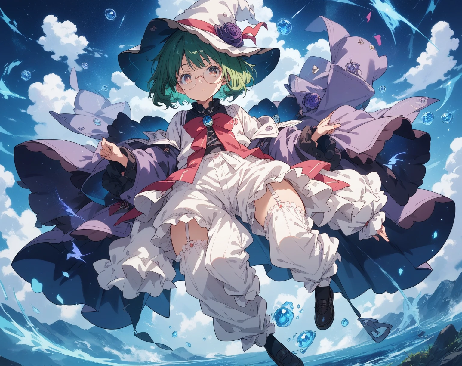 A large witch's hat with a wide frill and a purple rose decoration, a robe with the Duke's coat of arms on the sleeve, a cream-colored blouse, a winered ribbon tie, a high-waisted skirt, (loose pants,bloomers),garter stockings, and pumps.

Curly short cut, green hair, large round glasses　(Zero gravity,Weightless, floating in the air holding my knees)