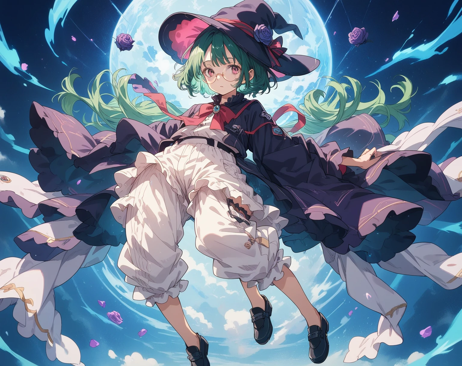 A large witch's hat with a wide frill and a purple rose decoration, a robe with the Duke's coat of arms on the sleeve, a cream-colored blouse, a winered ribbon tie, a high-waisted skirt, (loose pants,bloomers),garter stockings, and pumps.
Curly short cut, green hair, large round glasses (Zero gravity,Weightless, floating in the air holding my knees)