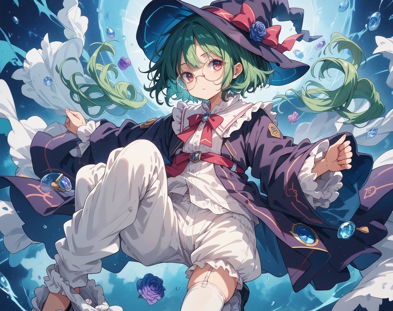A large witch's hat with a wide frill and a purple rose decoration, a robe with the Duke's coat of arms on the sleeve, a cream-colored blouse, a winered ribbon tie, a high-waisted skirt, (loose pants,bloomers),garter stockings, and pumps.
Curly short cut, green hair, large round glasses (Zero gravity,Weightless, floating in the air holding my knees)