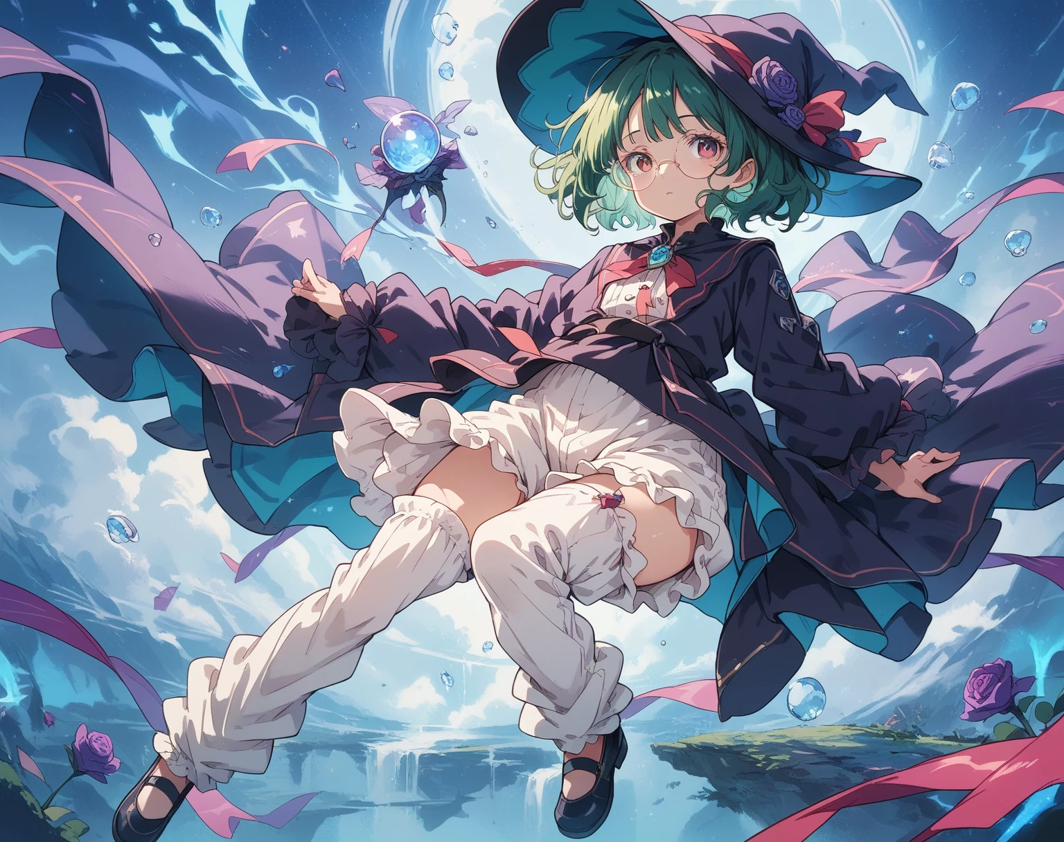 A large witch's hat with a wide frill and a purple rose decoration, a robe with the Duke's coat of arms on the sleeve, a cream-colored blouse, a winered ribbon tie, a high-waisted skirt, (loose pants,bloomers),garter stockings, and pumps.
Curly short cut, green hair, large round glasses (Zero gravity,Weightless, floating in the air holding my knees)