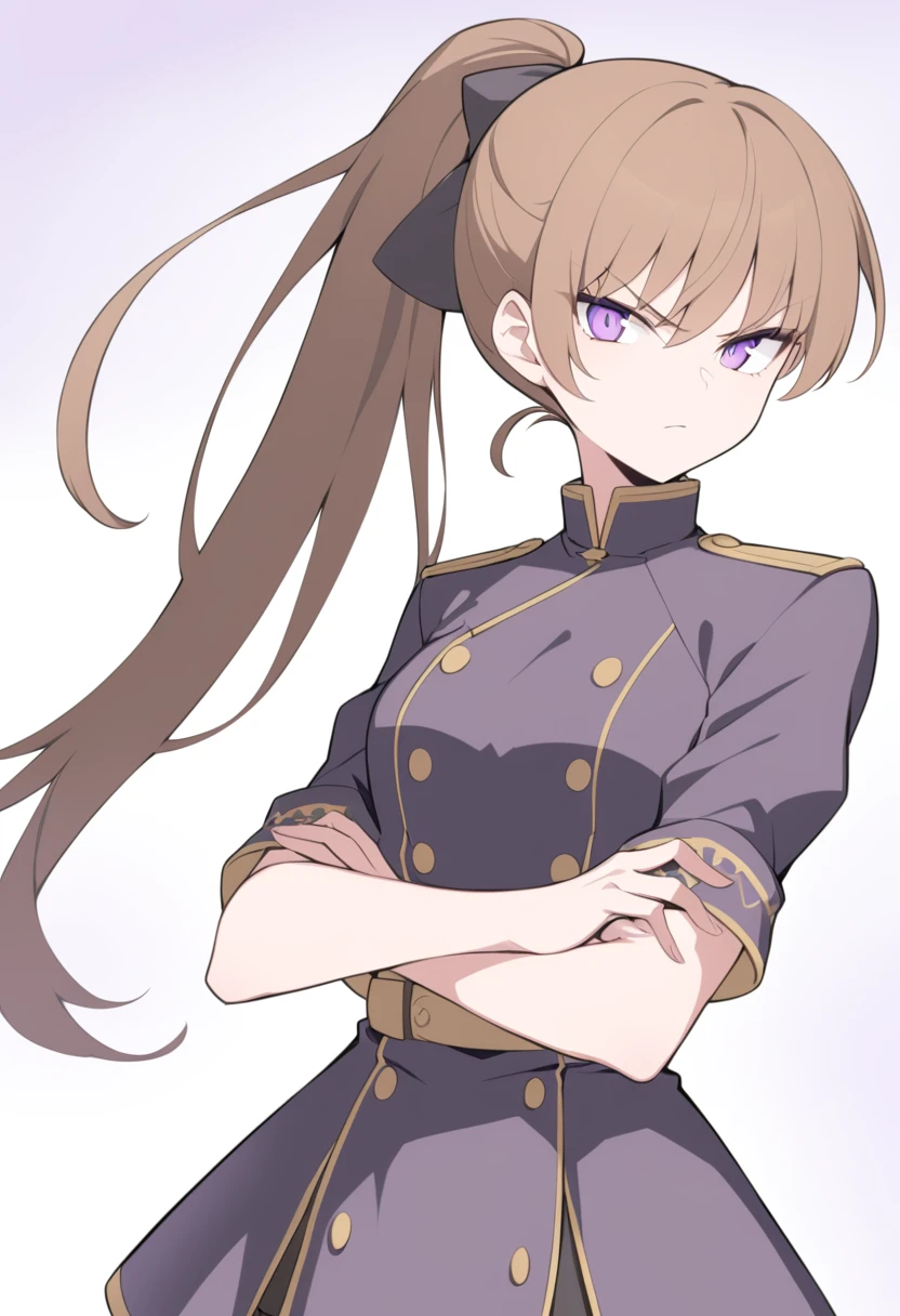 Illustrate a full-body anime girl with long, flowing brown in a ponytail hair, side view, her arm crossed while glaring at the viewer wearing a military uniform with fold buttons and a combat skirt, styled in a way that accentuates her strength and commanding presence. The character should have sharp, violet determined eyes and a serious expression.