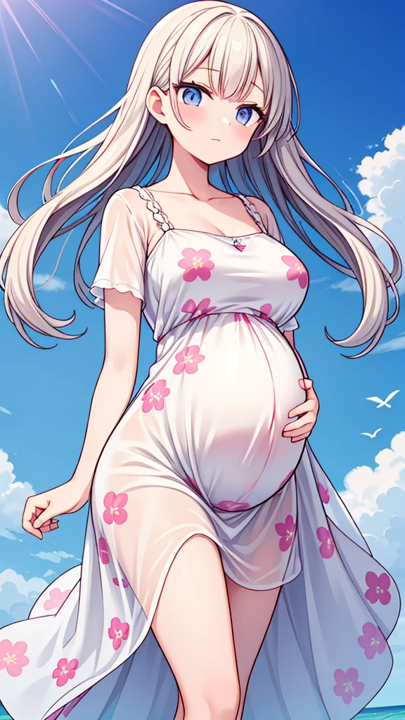 An image of a pregnant girl wearing a floaty, light and airy maternity dress in a form-fitting and casual maternity dress in a pretty floral print