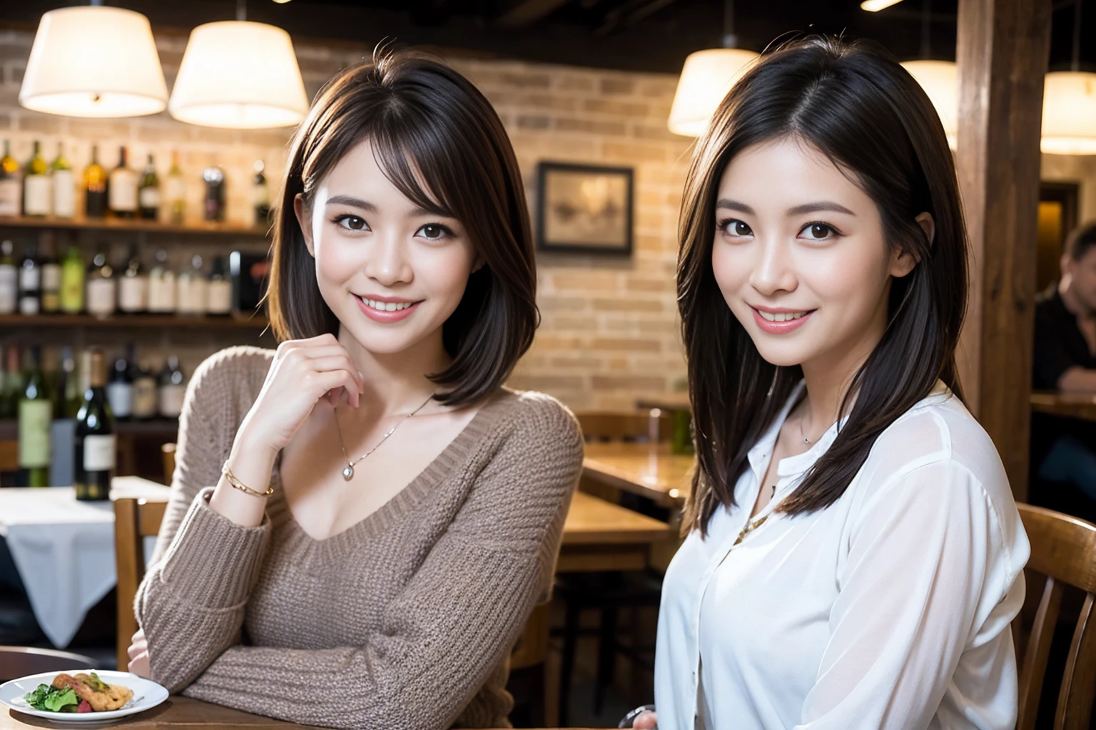 ((Highest quality、8K、masterpiece:1.3))、cute、slimカップル、modelカップル、actress男優、(Realistic, Intricate details:1.2), full-course dinner、Wine Party、Amazing view of the sunset sky and clouds、A bright smile、short hair,Bright Face、 (Age 37), age 34, red wine 、Appetizers、Italian food、Wine bottle、Champagne、sparkling wine、Two beauties、Brown Hair、Shortcuts、Long sleeve shirt、dress、Beautiful woman 1, (slimな顔), (The body is slim), (Brown Hair), (Shortcuts), cheeks turn a little red,Attractive beauty、restaurant, In a prominent place (From the waist up) Nova Frog Style, actress, model, Upper Body, White wine, slim, wine glass, 中央に置かれたwine glass, smile, (smile: 1.15), Beautiful fine grain, Depth f/2,saturation, High Contrast, Strong light and shadow,Moist Body:1.5、3D texture、Delicate eyes、Brown Hair、The hair is very shiny、