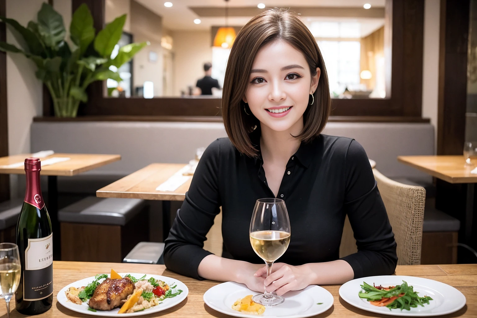 ((Highest quality、8K、masterpiece:1.3))、cute、slimカップル、modelカップル、actress男優、(Realistic, Intricate details:1.2), full-course dinner、Wine Party、Amazing view of the sunset sky and clouds、A bright smile、short hair,Bright Face、 (Age 37), age 34, red wine 、Appetizers、Italian food、Wine bottle、Champagne、sparkling wine、Two beauties、Brown Hair、Shortcuts、Long sleeve shirt、dress、Beautiful woman 1, (slimな顔), (The body is slim), (Brown Hair), (Shortcuts), cheeks turn a little red,Attractive beauty、restaurant, In a prominent place (From the waist up) Nova Frog Style, actress, model, Upper Body, White wine, slim, wine glass, 中央に置かれたwine glass, smile, (smile: 1.15), Beautiful fine grain, Depth f/2,saturation, High Contrast, Strong light and shadow,Moist Body:1.5、3D texture、Delicate eyes、Brown Hair、The hair is very shiny、