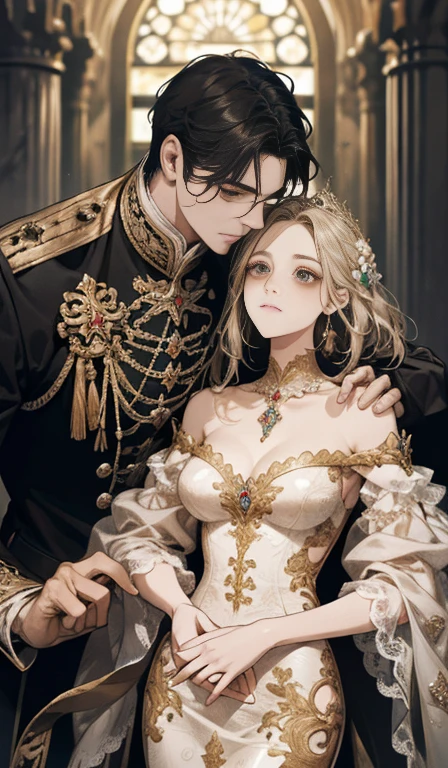 fantasia, 19th-century, empress, mulher, rosto delicado, cabelo loiro claro, olhos azuis, em um vestido real branco com ombros abertos, gold patterns on fabric, crystal jewelry, com uma fita escarlate no ombro com os trajes do monarca, Gothic castle made of white stone in the background, luz, dia, High definition