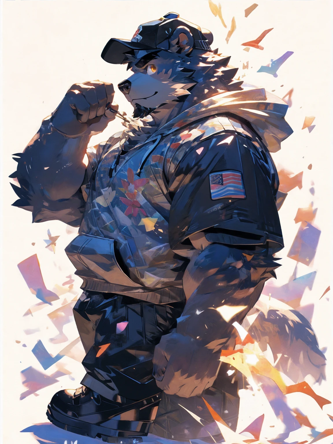 (masterpiece:1.2), best quality,pixiv,official art,perfect anatomy, (Ray tracing, light),solo, extreme detail, (1_male:1.3) , (muscle), (grey fur:1.4), (muscle bear), (beard:1.2), (gleaming golden eyes), bear tail, Thick black eyebrows, baseball cap, (open short hoodie), (naked inside),cargo shorts, black short boots, (pure white background: 1.3), (portrait:1.1), colorful bandage, border line