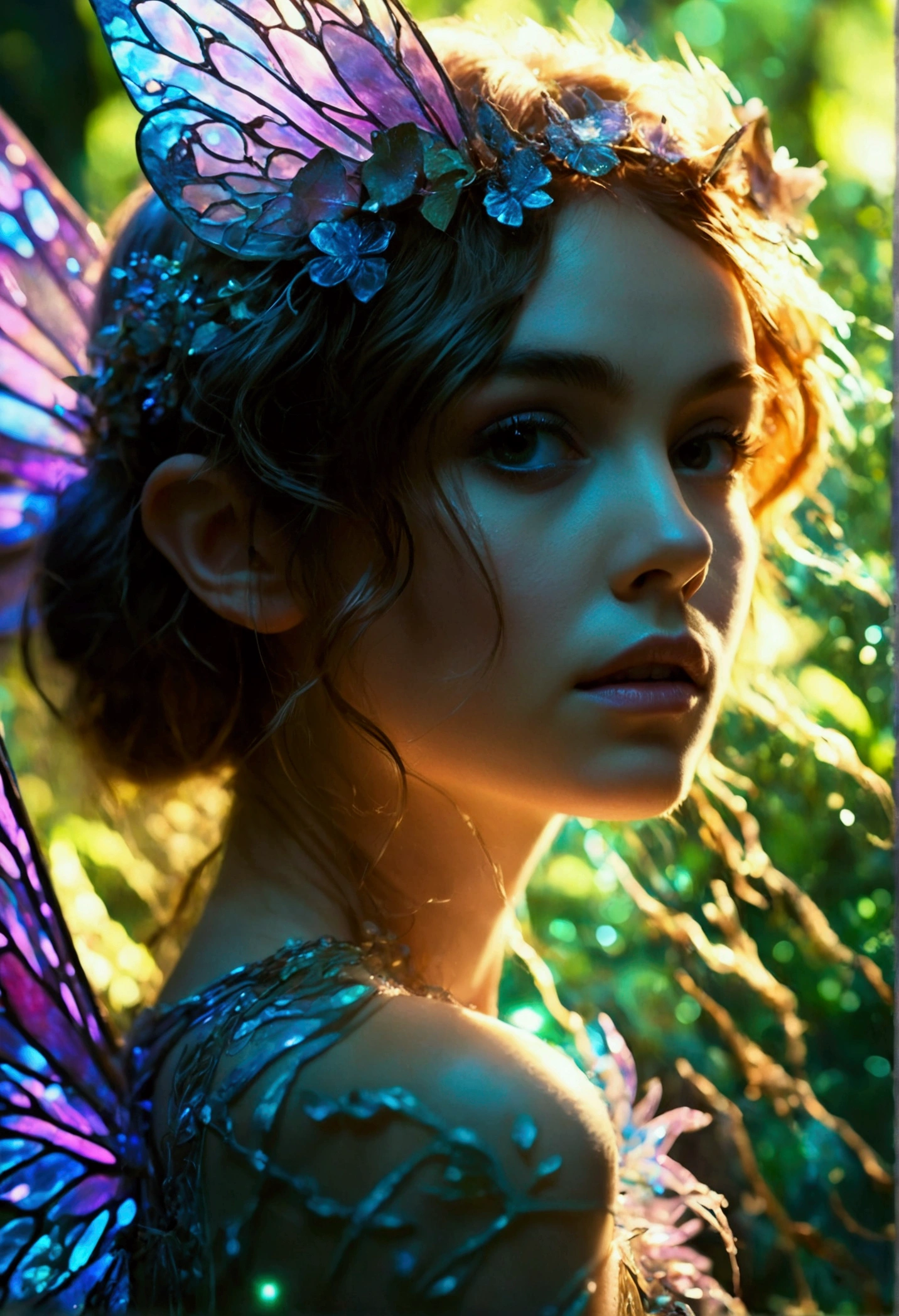 Roseleslie woman like a fairy,(highy detailed:1.2),(best qualityer:1.2),(8K:1.2),sharp focus,(underground dispersal:1.1),rewarded photography,professional portrait photograph,(Accurate shot:1.1) (glowing bioluminescent forest:1.2),iridescent fairy wings,sensual expression (very detailed background:1.2),(magical fantasy:1.0), (knollingcase:1.1),(analog style:1.1),(model shoot style:1.2),dramatic lighting