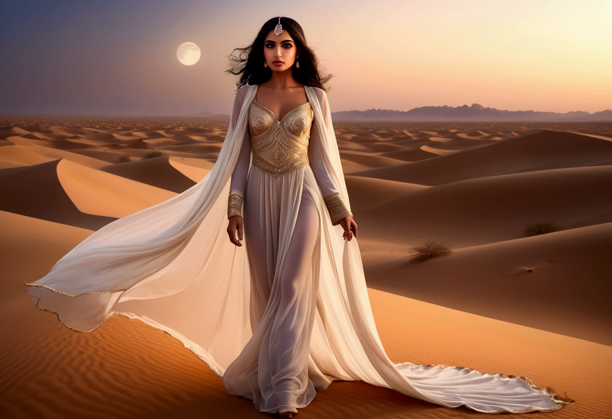 a beautiful young arabian woman, 25 years old, walking through the desert at night, wearing many fine layers of airy sheer fabric, dressed as an arabian princess, flanked by bodyguards, detailed face, beautiful eyes, detailed lips, long eyelashes, elegant pose, intricate fabric textures, moonlit desert landscape, glowing warm lighting, cinematic composition, ultra-detailed, 8k, photorealistic, masterpiece