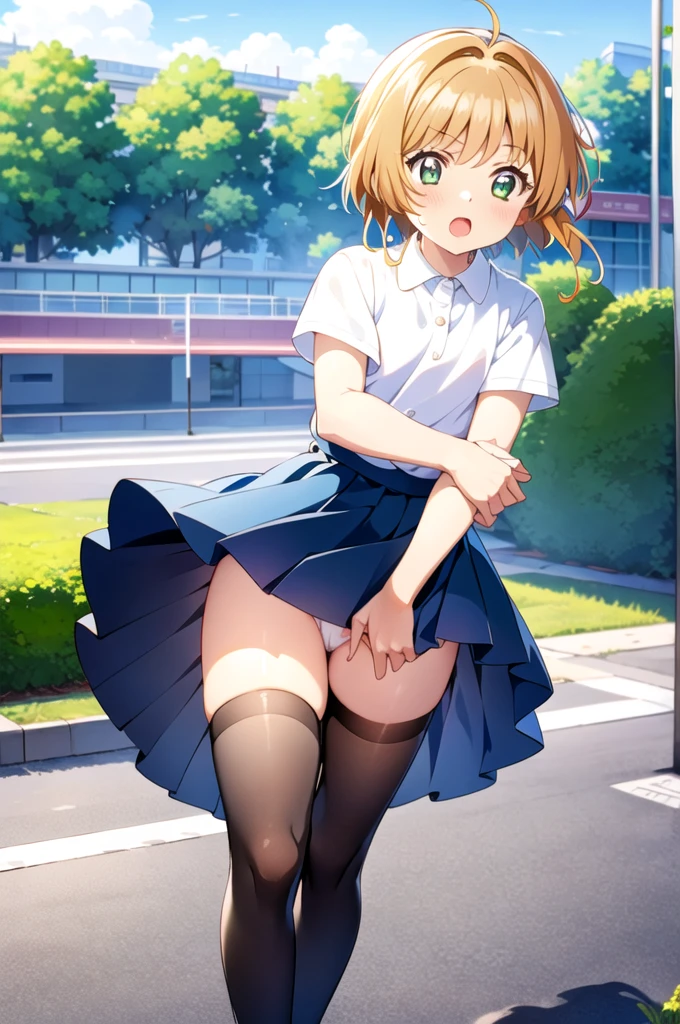 NSFW,masterpiece, best quality, POV,look at viewer,1girl, solo, kinomoto sakura, two side up,pleated skirt, shirt,standing,tomoeda elementary,windy up skirt,white panties,park
