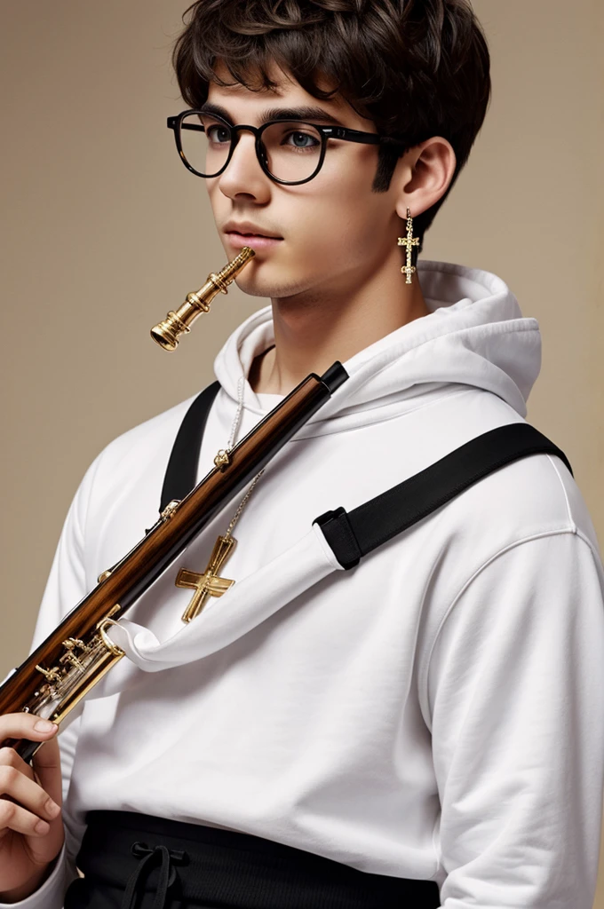 Cute boy with brown eyes and hair, White skin,with a cross dangle earring, with round black frame glasses, with a white shirt and a black sweatshirt, with a transverse flute