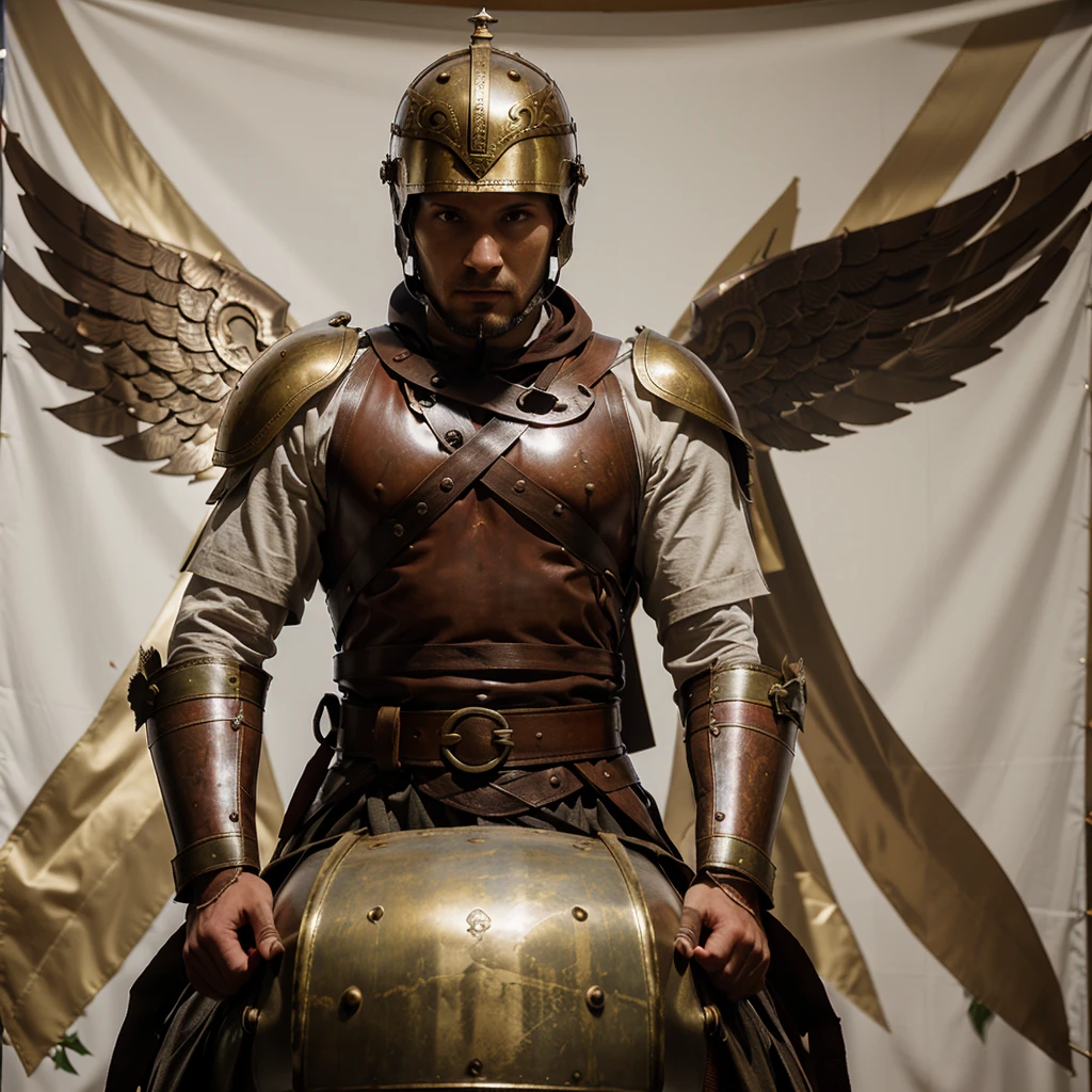 Create a logo for a banner that is a Roman helmet with laurels around it and with crossed swords that at the top says (3rd company) and at the bottom say (bronze and iron)