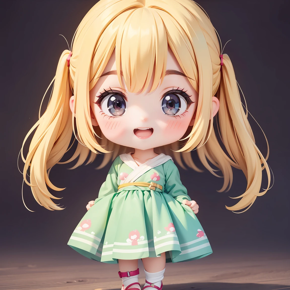  Super Chibi Character：1.8、wearing cute sandals、background：Simple all over、Blonde Hair、Cute 7 year old girl、Wearing a costume：1.8、Various expressions：1.8、Various poses with moving arms：1.8、Looking this way、Super Happy Smile：1.8