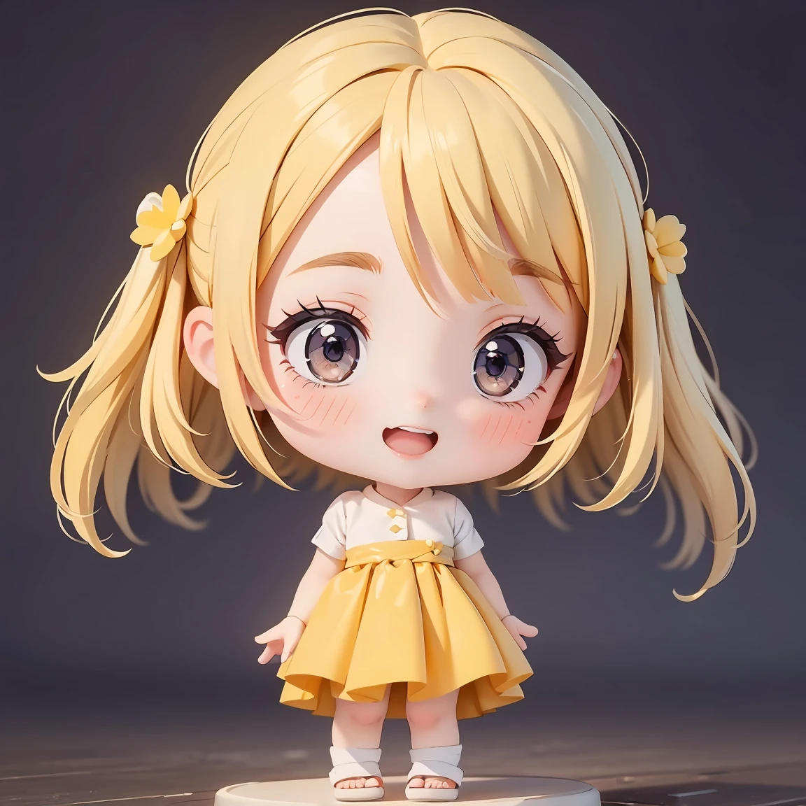  Super Chibi Character：1.8、wearing cute sandals、background：Simple all over、Blonde Hair、Cute 7 year old girl、Wearing a costume：1.8、Various expressions：1.8、Various poses with moving arms：1.8、Looking this way、Super Happy Smile：1.8